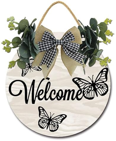 Cartello di benvenuto per porta d'ingresso, ghirlanda di legno rotonda rustica,Stampa,Decorazione del portico anteriore della porta della fattoria, regalo di inaugurazione della casa nuova