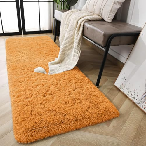 AMEHA Super Weicher Flauschiger Shaggy Teppich - Modern Ocker Area Teppich für Wohnzimmer und Schlafzimmer, rutschfest, Shaggy Flor und fusselfrei, leicht abwaschbar (Ocker, 80x300 cm)