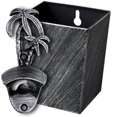Jumiok Rustic Palm Tree Bottle Top Opener Wall Mounted Bottle Opener with Cap Catcher Drained for Beach Gifts (Aged Silver)