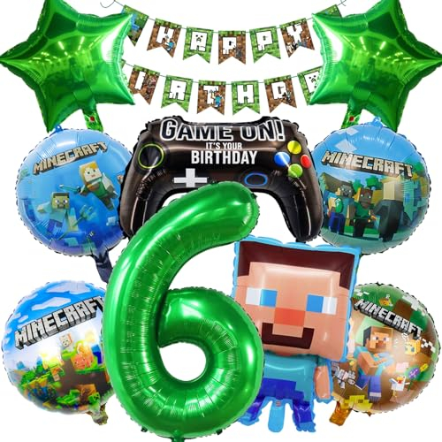 6 Jahre Junge Folienballon Geburtstagsdeko, 10 Stück Ballon-Dekorationsset mit Spielthema, Enthält Zahlenballons, Runde, Menschlicher Ballon, Banner, Geeignet kinder Dekoration für Geburtstagsfeiern