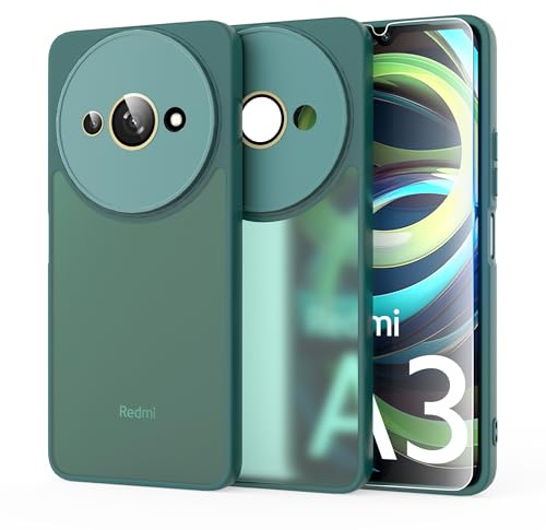 MIKULLE Funda para Xiaomi Redmi A3 4G con Cristal Templado, Parte Trasera en PC Mate y Translúcido, Bordes Flexibles de TPU y Protección Lente Cámara Case - Verde Oscuro