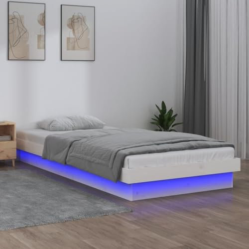 ULUYYUC Massivholzbett, Bodenbett Palettenbett Bettgestell Gästebett Geeignet für Arbeitszimmer Wohnbereich Schlafzimmer Zimmer Mieten mit LEDs Weiß 90x190 cm 3FT Single