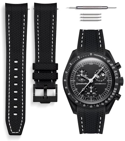 HORACE Universellt klockarmband i flytande silikon 20 mm – Kompatibelt med Omega x Swatch MoonSwatch – Monteringskit ingår (Svart - vit söm)