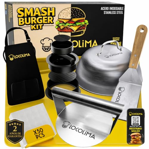 Smash Burger Kit Premium - Prensa Hamburguesas de Acero Inoxidable 6 Piezas | Incluye: smasher, molde para hacer hamburguesas gruesas y rellenas, espátula, campana, papel vinilado, delantal y recetario