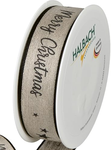 Halbach Sidenband premium presentband jul av linne | bredd 25 mm längd 15 m | julband med tråd för presenter och julgran | Tillverkad i Tyskland, färg: natur/svart