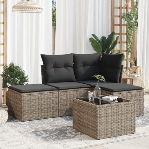 THOYTOUI 5-TLG. Garten-Sofagarnitur, Lounge möbel Outdoor Garten loungemöbel Set Möbelsets Gartengarnitur Set Geeignet für Garten Terrasse Balkon Veranda mit Kissen Grau Poly Rattan