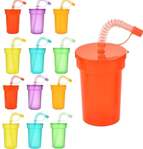 ALINK Kids Neon Sipper Cups Tumblers with Lids and Straws - 12 Pack 380 ml Plastic Iced Water Drinking Cups,BPA Free Reusable Plastic Tumbler for Party Childrens Smoothie Cup Travel Mugs