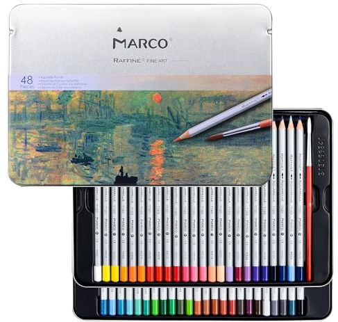 MARCO 7120 Buntstifte - 48 Wasserlösliche Farben - Sechskantige Holzstifte mit Pinsel - Set für Anfänger - In einer eisernen Schachtel verpackt, leicht tragbar (D7120-48TN)