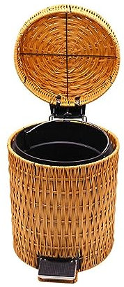 Rattan Pedal Bin with Lid Double Layer Dustbin Touchless Trash Can Round Rattan Garbage Can with Removable Inner Home Kitchen Bedroom Bathroom Trash Bin (Yellow)