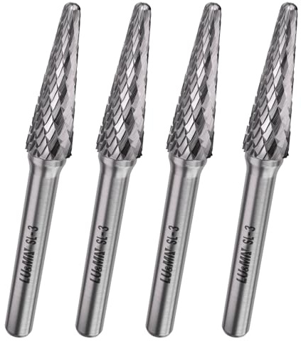 LU&MN SL-3 Wolframkarbid-Frässtifte, 1 cm Kopf, 0,6 cm Schaft, 14° Kegel, 4 Stück | Industriequalität, Doppelschnitt-Rotation, Entgraten und Anfasen, Gravieren und Polieren, Metall und Holz