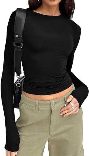 Women Basic Long Sleeve Crop Tops Solid Y2k Going Out Tee Shirt Casual Crew Neck Tight Top (Black,M)