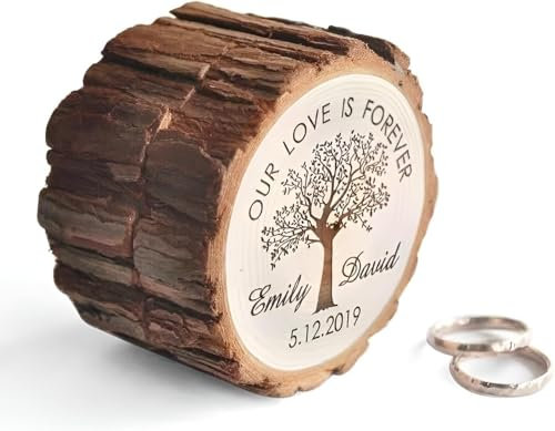Vniqloo Personalisierte Baumstumpf-Ringbox, rustikal, individueller Holz-Ringdübel, Holz-Ringträger, rustikale Hochzeitsringdübel-Dekoration, Holzdekor für Waldhochzeit, Ringkissen-Alternative