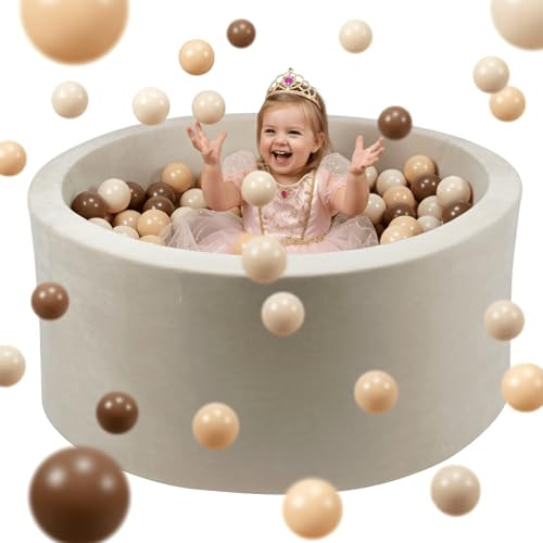 Mimii Bällebad 110x40cm Schaumstoff – Samtweich Rund Bällepool für Kinder Baby - Ballgruben für Mädchen und Jungen - Weiches und Sicheres Spielzeug – Beige, Ohne Bäll