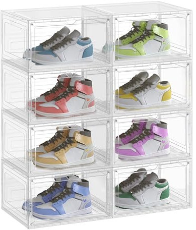 SONGMICS Schuhboxen 8er Set, Schuh-Organizer durchsichtig, aus Kunststoff, mit Tür, stapelbar, 33 x 28,5 x 19,2 cm, für Schuhe bis Größe 46, transparentes Weiß LSP508W01