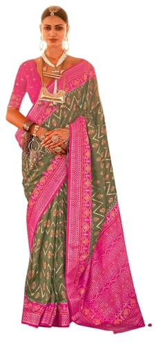 CLEVIO Lila och rosa etnisk vävd design Zari Patola sari - 23365652-CVO, Orange, en storlek