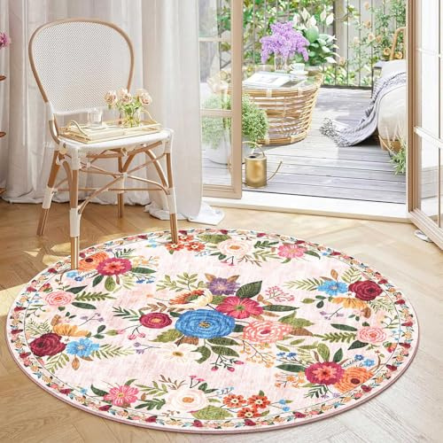 BYBSRLL Runder Teppich 120 cm, Waschbar & Rutschfester Weicher Kurzflor Rund Teppich, Vintage Blumen Boho Muster, für Wohnzimmer, Schlafzimmer, Kinderzimmer, Gastzimmer, Esszimmer, Büro, Hellrosa