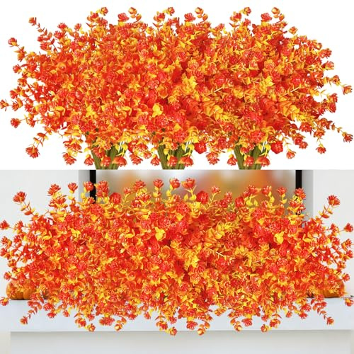 Kinisty 8 Bündel Kunstblumen wie Echt Orange Herbstdeko Outdoor | Künstliche Herbstblumen für Draußen Balkon Balkonkasten Garten