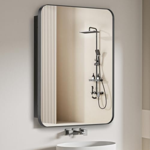 FOMAYKO Bathroom Medicine Cabinet with 16x26 Stainless Steel Framed Mirror,Recessed or Surface Mounted Bathroom Mirror Cabinet,Storage Cabinet for Bathrooms, Guest Rooms, Apartments, Farmhouse Decor