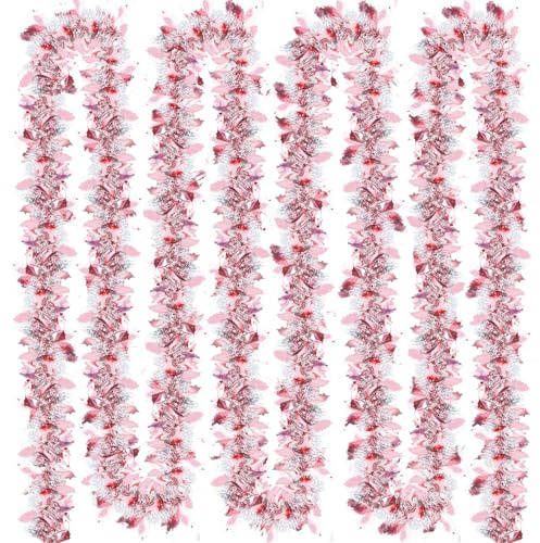 Yeria 16m Extra Dicke Flauschige Lametta Girlande - Rosa Blatt & Schneeflocke Rose Gold Weihnachtsbaum Dekorationen Lange Metallic Lametta für Xmas Party Home Tür Dekoration (Rosa Blätter)