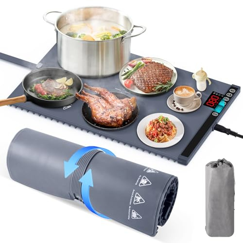 Nsyee Food Warming Mat, Fast Heating, Warming Mat for Food with 6 Temperature Settings, 5 Hour Timers,Child-Lock, Roll-Up Silicone Electric Warming Tray, Food Warmer Buffet Server, Grey