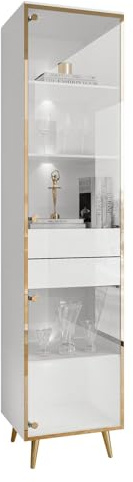 Lookway Vitrine Aurora mit LED Weiß Hochglanz mit Glasfront, Golddekor, Schubladen & Regale, Hängend oder Stehend, Modernes Design & Luxus (schräge Gold Chrom Beine)