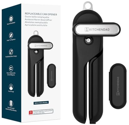 KITCHENDAO Replaceable Can Opener with 2 Extra Blades, Handheld Smooth Edge Cut Tin Opener, Super Sharp Manual Can Opener with Magnet, Large Turning Knob for Seniors & Arthritis, Black