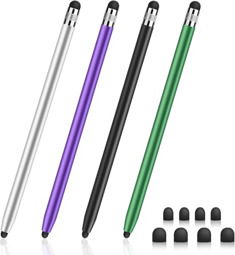 Digiroot 4 STÜck 2-in-1 Stylus Pens mit Gummispitzen für Tablets/Handys | Stift für Tablet mit 8 Ersatzspitzen Kompatibel mit Switch/Samsung/Huawei/iPad /iPhone Schwar&Silber&Lila&Moosgrün