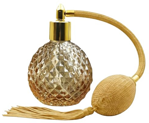 Flacone di profumo in cristallo retrò, atomizzatore di profumo dorato ricaricabile da 80 ml, vuoto con nappe lunghe rosa, atomizzatore spray vintage, contenitore in vetro flaconi(ugello dorato) | Vaporizzatore spray in vetro ricaricabile vuoto con nappe lunghe rosa dispenser riutilizzabile per trucco capelli