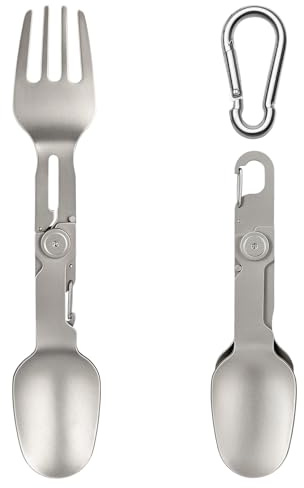 XCRPRT 2 in 1 Camping Besteck, Klappbesteck Outdoor Bestecks aus Titan, Titan Besteck Outdoor mit Karabiner, Campingbesteck Essbesteck Outdoors für Geschäftsreise Picknick Wandern Angeln(Silber)