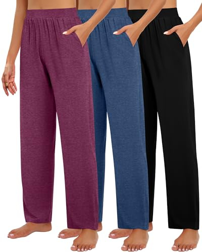 Geyoga Pack de 3 Pantalones de Descanso para Mujer con Bolsillos Pierna Ancha Cómodos Holgados Fluidos Ideales para Yoga