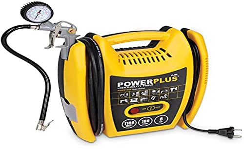 Powerplus Kompressor POWX1705 Luftkompressor tragbar mit 3 m Schlauch - Luftkompressor mit Druckluft als Luftpumpe für Fahrrad - 1100W & 8 bar - Mit 8 Kompressor Zubehör Teilen