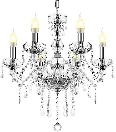 Ridgeyard Barocco Lampadario di Cristallo, 6 luci K5 Plafoniera in cristallo a sospensione con catena regolabile per camera da letto, soggiorno, sala da pranzo, corridoio (E14, Colore Trasparente)
