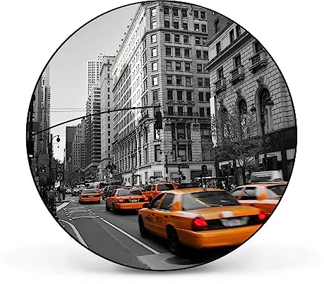 banjado Magnettafel Ø 47cm Schwarz - Magnetwand aus Metall - Magnetpinnwand als Memoboard - Pinnwand Magnettafel Küche, Büro, Kinderzimmer inkl. 4 Magnete & Montageset - New York Taxi