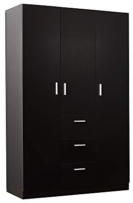 Panana 3 Door 3 Drawer Wardrobe, Modern Solid Pine Wood Wardrobe with Hanging Rail Living Bedroom Furniture (Black)