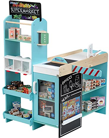 Theo Klein 9391 Supermarkt, Holz (MDF) I Moderner Kaufmannsladen inkl. Kasse, Schranke, Kreidetafel und Zubehör I Spielzeug für Kinder ab 3 Jahren