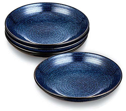 vicrays Keramik-Nudelschalen-Set, 973 ml, große gewellte Salatschüsseln, breit und flach, splitterfest, spülmaschinenfest, mikrowellengeeignet, Servierschalen, 4er-Set (blau)
