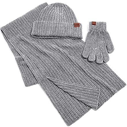 YULOONG Winter Beanie Mütze Schal Touchscreen Fahrhandschuhe 3 in 1 Set für Herren Damen Chenille Rippstrick