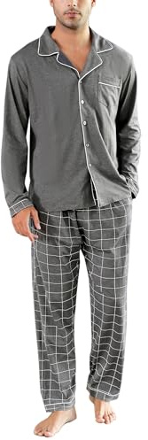 Bresdk Pyjama Homme en Coton Ensemble de Pyjamas Hiver pour Hommes Patte de Boutonnage à Manches Longues Vêtements de Nuit Couleur Unie à Carreaux 2 Pièces