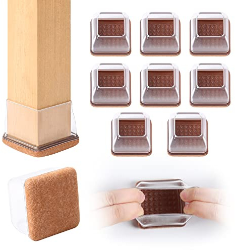 Ezprotekt 8 Pcs Extra Large Square Chair Leg Floor Protectors, Silicone Felt Furniture Pads for Hardwood Floor, Dining Table Bar Stool Leg Protectors Leg Cups Covers (XL Fit: 1.5 - 2, Clear)