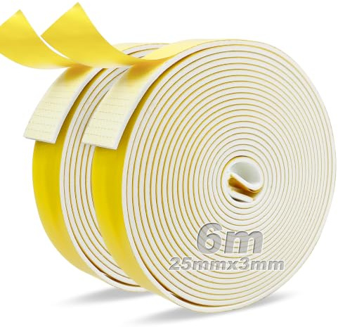 Gomma espansa autoadesiva bianca, nastro sigillante autoadesivo 25 mm (L) x 3 mm (S), nastro adesivo in schiuma per finestre, porte, sigillo, anti-collisione, isolamento acustico, 2 rotoli da 6 m di