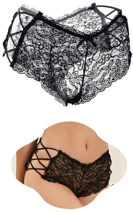 comeondear French Lace Knickers for Women Floral Sexy Thongs with Cotton Crotch, Side Criss Cross Brazilian Underwear Cheeky Hipster Stretchy Panties Boxers Black 10