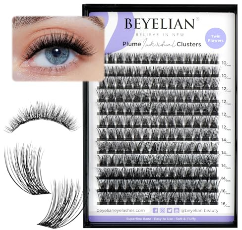 BEYELIAN Cluster Lashes, C Curl Individual Lashes, 168 Pcs Cluster Eyelash Extensions 0.07mm 10-16mm Mixed DIY Lash Clusters Reusable Super Thin Black Band Eyelashes at Home (Twin Flowers)