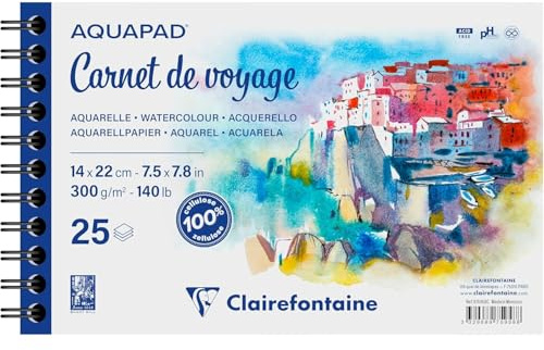 Clairefontaine 975958C - Carnet de Voyage Spiralé Aquapad - 25 Feuilles Papier Aquarelle Blanc Grain Moyen Fin 14x22 cm 300g - Idéal pour les Artistes Globe-trotteurs