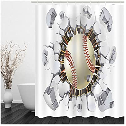Whoiy Duschvorhang Weiß Landhaus, Duschvorhang Eckbadewanne 150X180cm Polyester Shower Curtains Beige Baseball Grau für Badezimmer