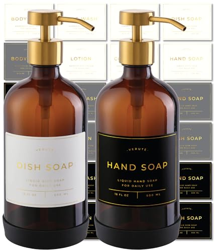 Hand and Dish Soap Dispenser for Kitchen and Bathroom, Set of 2 16 Oz Glass Bottles, Stainless Steel Pumps, Non-Slip Silicone Base, 27 Waterproof Labels (Amber Bottle/Brushed Gold Pump)