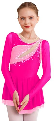 CHICTRY Eiskunstlauf Kleid Mädchen Kinder Langarm Strass Glitzer Rollschuhkleid Hot Pink 134-140