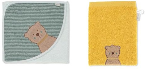 Sterntaler Kapuzenbadetuch Ben, Bär Ben, Alter: ab 0 Monaten, 80 x 80 cm, Hellgrün & Waschhandschuh Bär Ben, Größe: 21 x 15 cm, Gelb