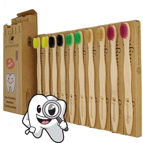 GreenMingle 10 Pack Bamboo Toothbrushes Medium Bristles - Family 10 Toothbrush Eco Friendly Biodegradable Organic Premium Wooden Toothbrush