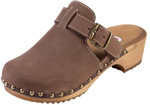 Buxa PE15 Damen Clogs Leder Schuhe aus Holz, Holzclogs Pantolette, Holz Sohle (​Braun, EU Schuhgrößensystem, Erwachsene, Damen, Numerisch, M, 41)