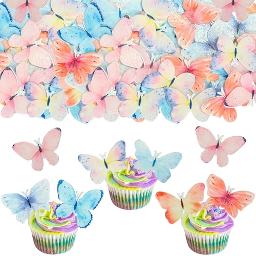 Gyufise 56Pcs Multicolored Butterfly Edible Cake Toppers for Birthday, Baby Shower Parties